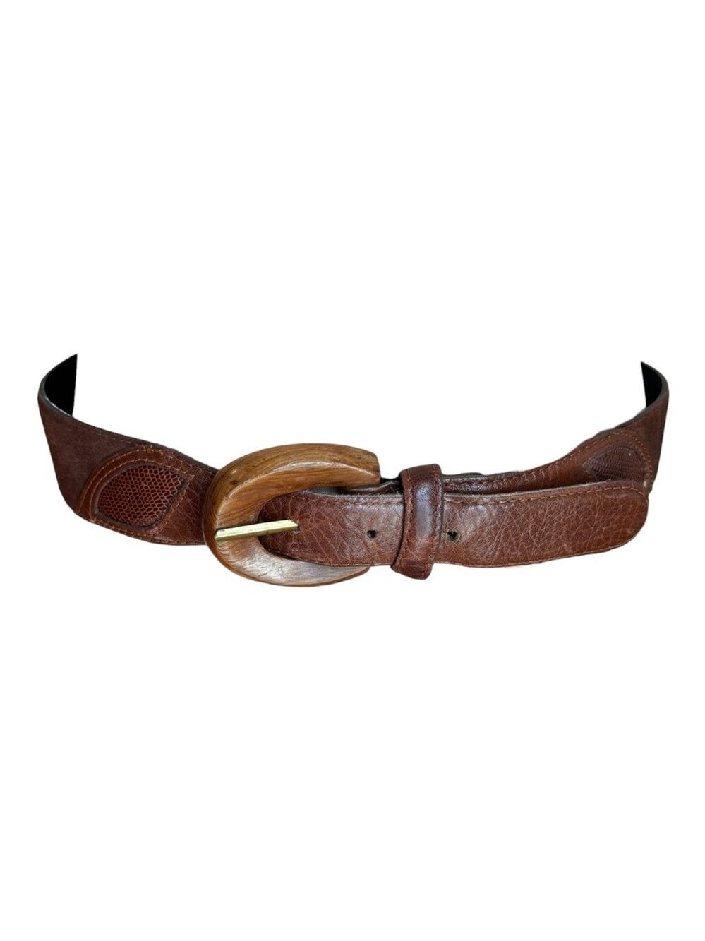 VTG LIZ CLAIBORNE BROWN 1.5" WIDE LEATHER & SUEDE BELT W A WOODEN BUCKLE SZ L - Picture 3 of 10